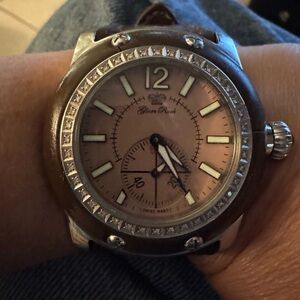 Glam Rock Diamond Watch with Brown Leather Band NWOT